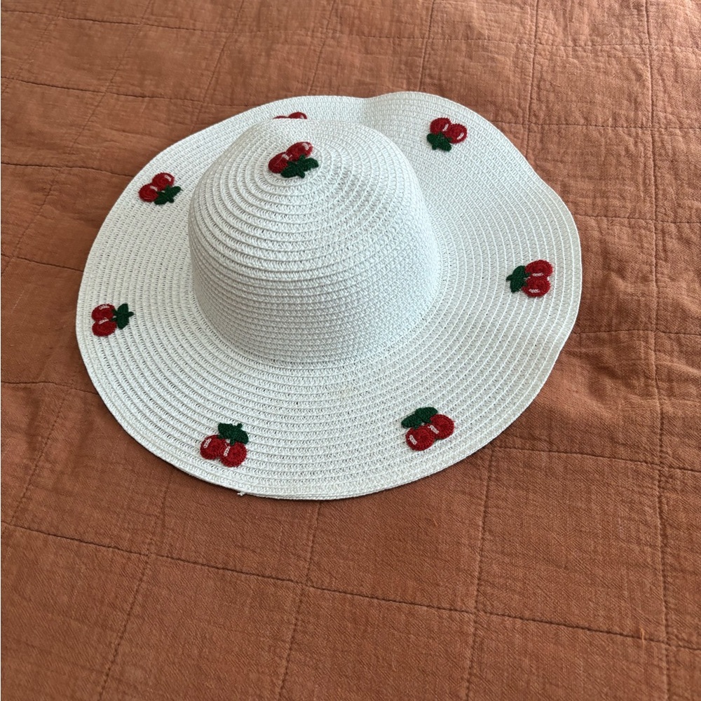 White Straw Hat with Cherry Embroidery